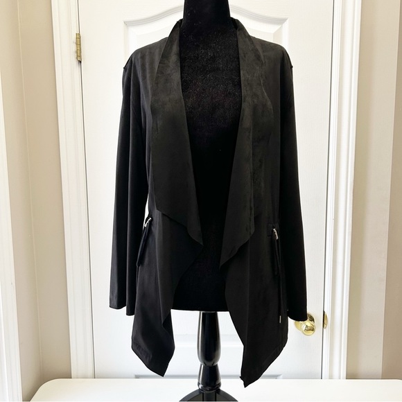 Zara Black Faux Suede Draped Waterfall Blazer Moto Jacket Open Front Size XS - Picture 13 of 14